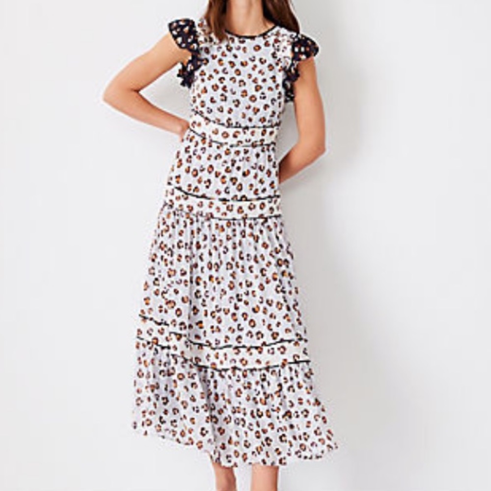 Ann Taylor Mixed Animal Print Ruffle Sleeve Midi Dress in Grey Smoke.